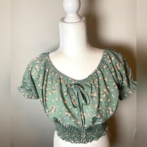 Ditsy Floral Print Knot Front Shirred Blouse